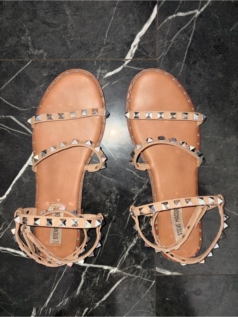 Steve Madden Nude/Tan Pyramid-Stud Ankle Strap Sandals
